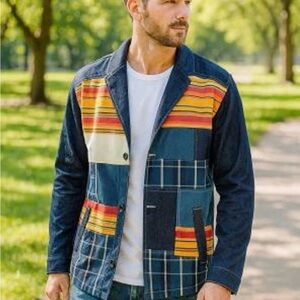 Sun + Stone Southwestern Indian Aztec Tribal Serape Patchwork Denim Jacket XL